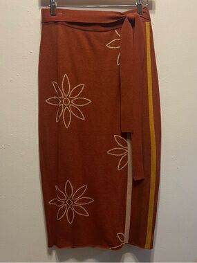 Roolee Rust Floral Wrap Midi Skirt with Mustard Stripe